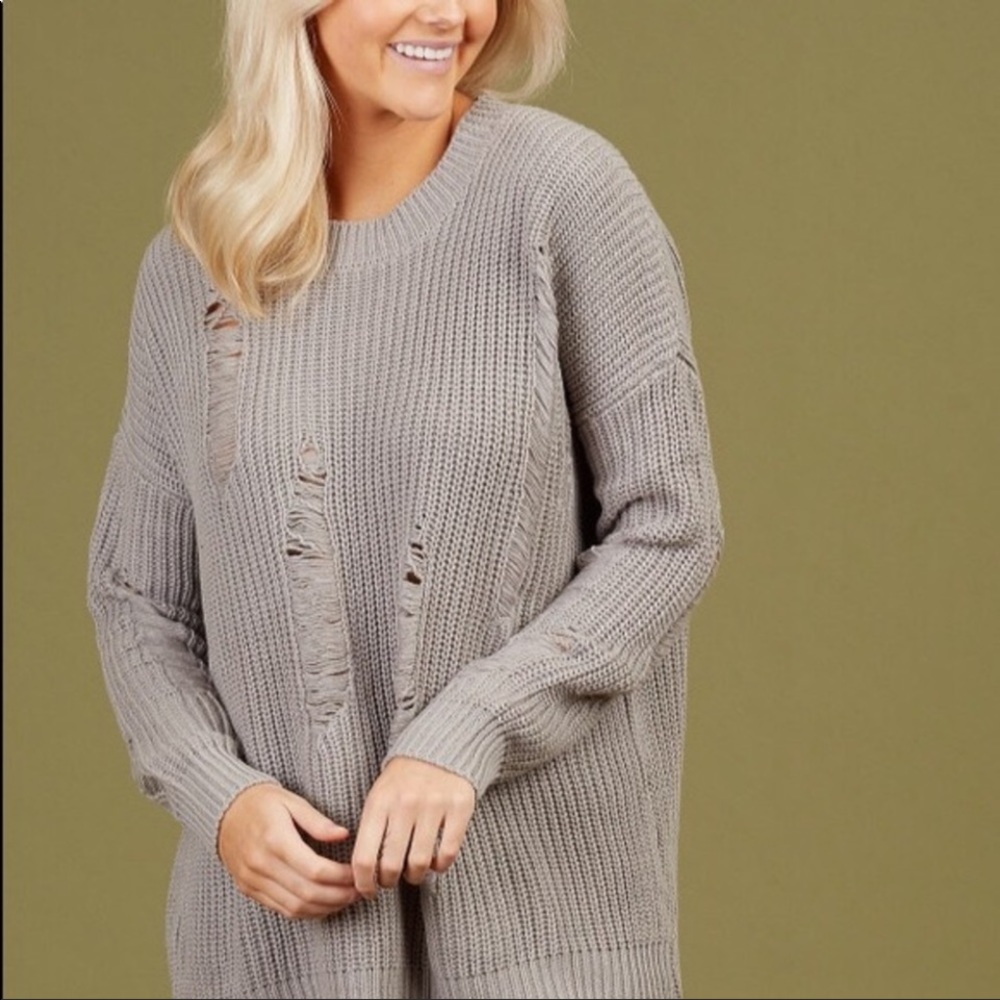 Altar’d State Distressed Deconstructed Oversized Gray Knit Sweater